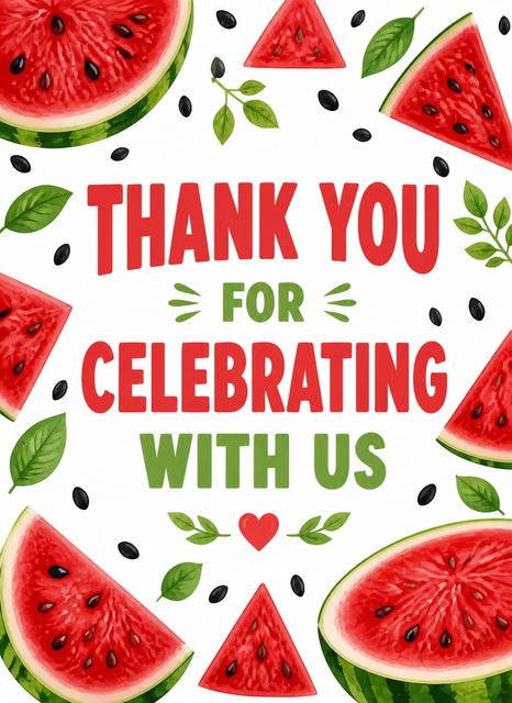 Thank-you flat in the Watercolor Watermelon Slice 1st Birthday design