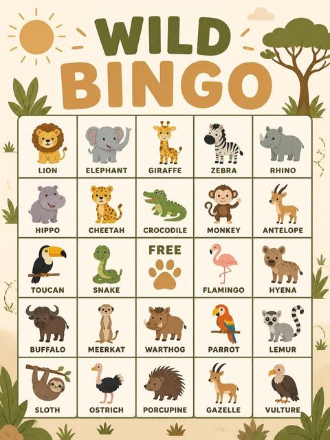 Bingo grid in the Olive Jeep Jungle Animal 5th Birthday design