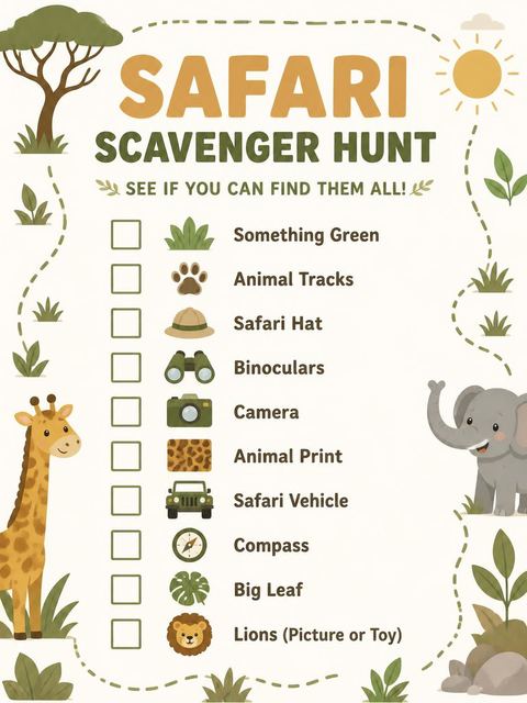 Scavenger hunt in the Olive Jeep Jungle Animal 5th Birthday design