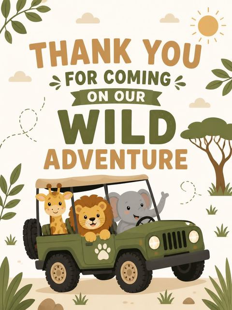 Thank-you flat in the Olive Jeep Jungle Animal 5th Birthday design