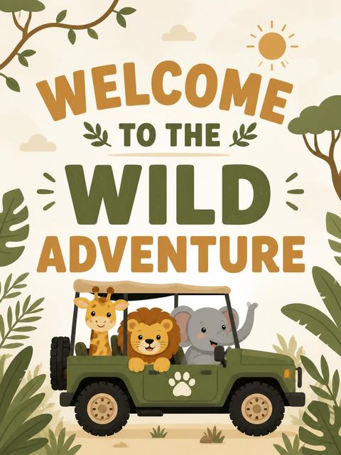 Welcome sign in the Olive Jeep Jungle Animal 5th Birthday design
