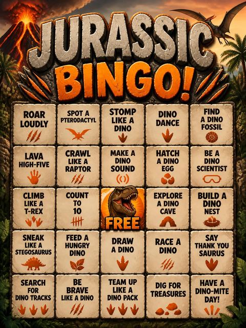 Bingo grid in the Roaring T-Rex Dino 6th Birthday design