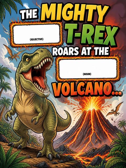 Mad libs in the Roaring T-Rex Dino 6th Birthday design