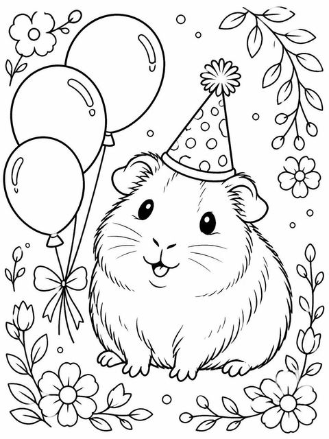 Coloring sheet in the Watercolor Guinea Pig 1st Birthday design
