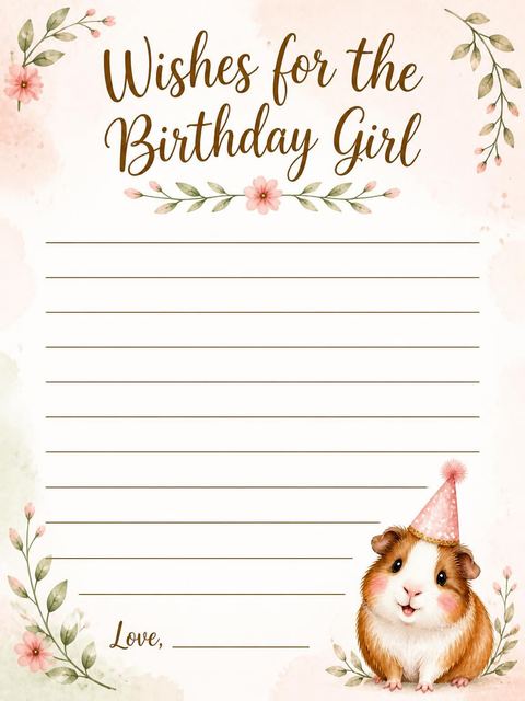 Wishes page in the Watercolor Guinea Pig 1st Birthday design