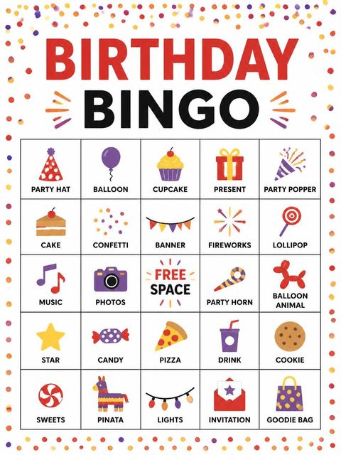 Bingo grid in the Colorful Confetti 5th Birthday Invitation design
