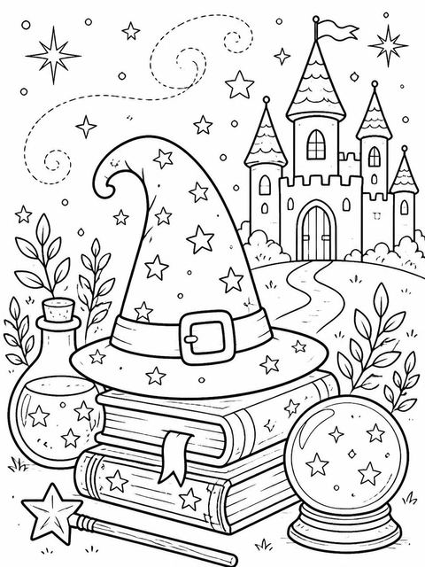 Coloring sheet in the Deep Purple Wizard 7th Birthday Invitation design