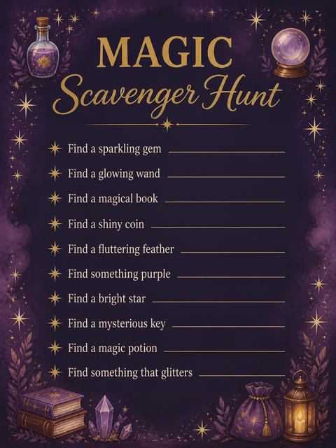 Scavenger hunt in the Deep Purple Wizard 7th Birthday Invitation design