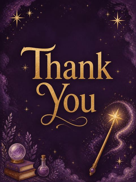 Thank-you flat in the Deep Purple Wizard 7th Birthday Invitation design