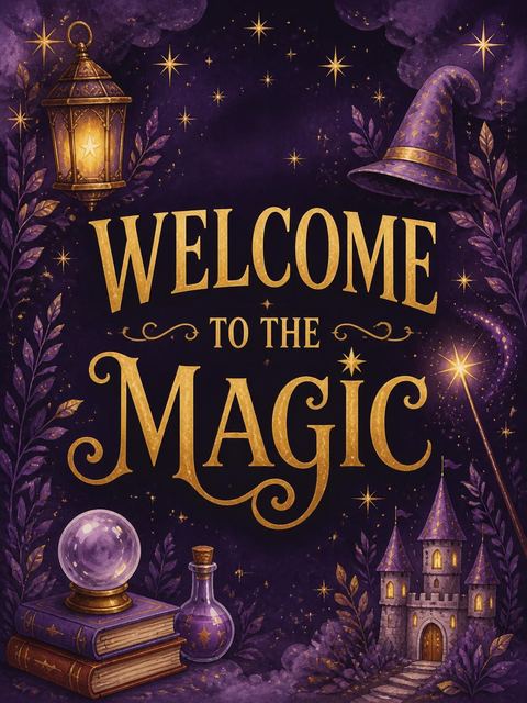 Welcome sign in the Deep Purple Wizard 7th Birthday Invitation design