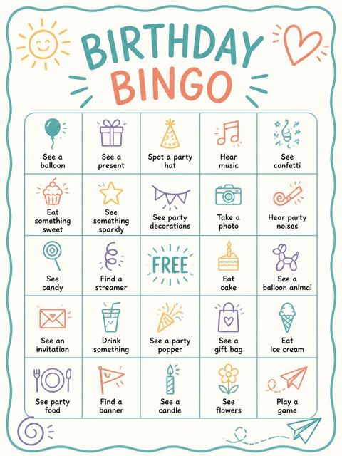 Bingo grid in the Teal Doodle Icon 7th Birthday Invitation design