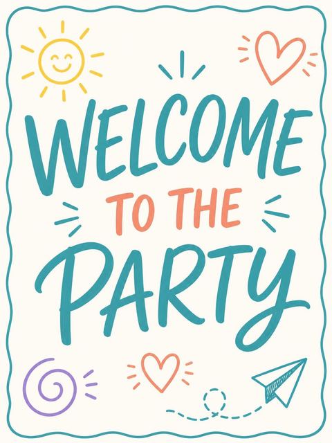 Welcome sign in the Teal Doodle Icon 7th Birthday Invitation design
