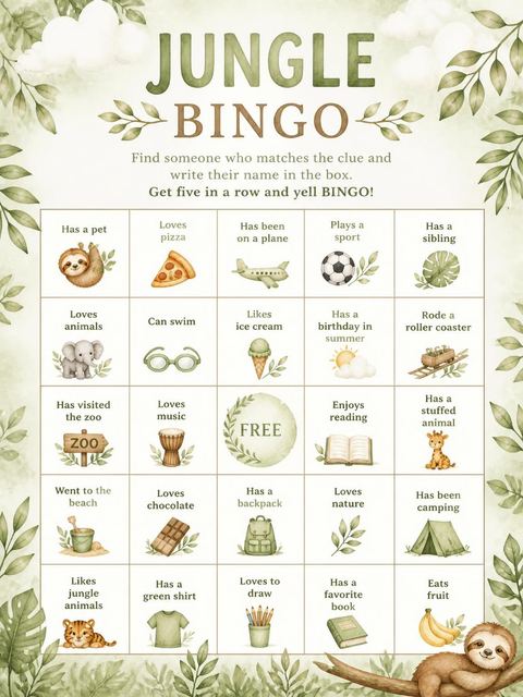 Bingo grid in the Watercolor Sloth Jungle 3rd Birthday Invitation design