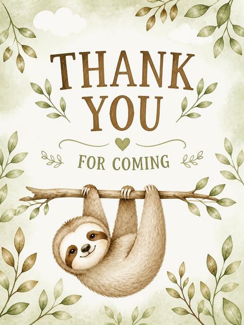 Thank-you flat in the Watercolor Sloth Jungle 3rd Birthday Invitation design