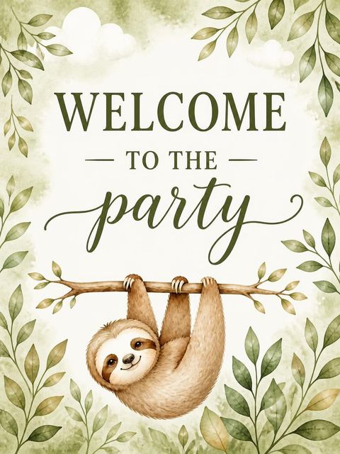 Welcome sign in the Watercolor Sloth Jungle 3rd Birthday Invitation design