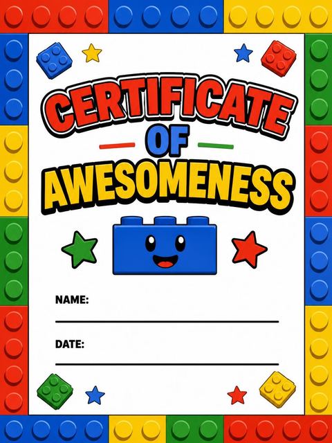 Certificate of awesomeness in the Primary Color Toy Brick 3rd Birthday design