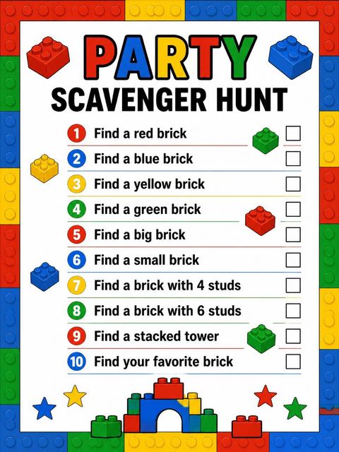 Scavenger hunt in the Primary Color Toy Brick 3rd Birthday design