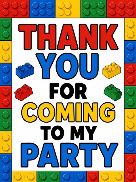 Thank-you flat in the Primary Color Toy Brick 3rd Birthday design
