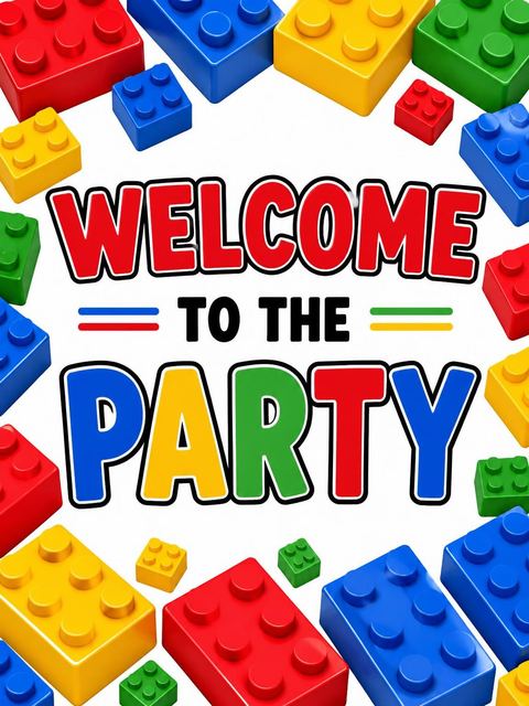 Welcome sign in the Primary Color Toy Brick 3rd Birthday design