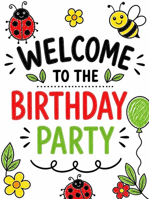 Welcome sign in the Crayon Bug Theme 9th Birthday Invitation design