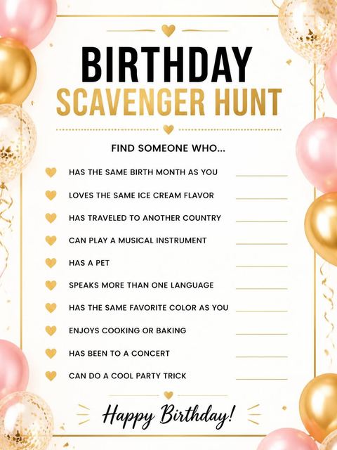 Scavenger hunt in the Gold Pink Balloon 13th Birthday design