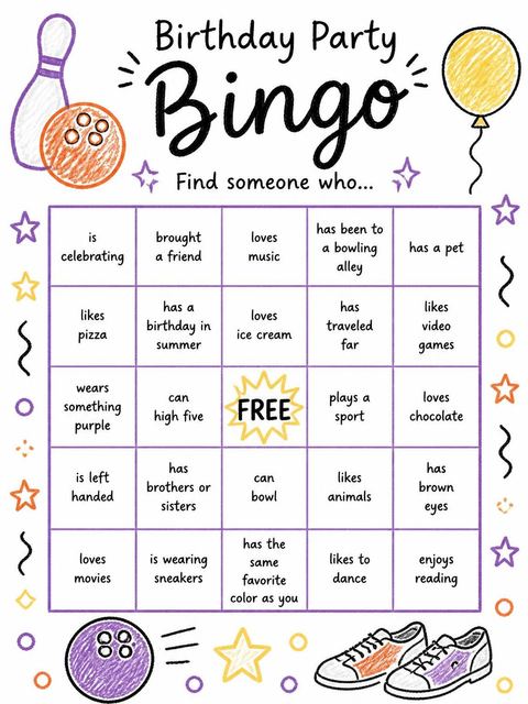 Bingo grid in the Crayon Bowling Themed 9th Birthday Invitation design