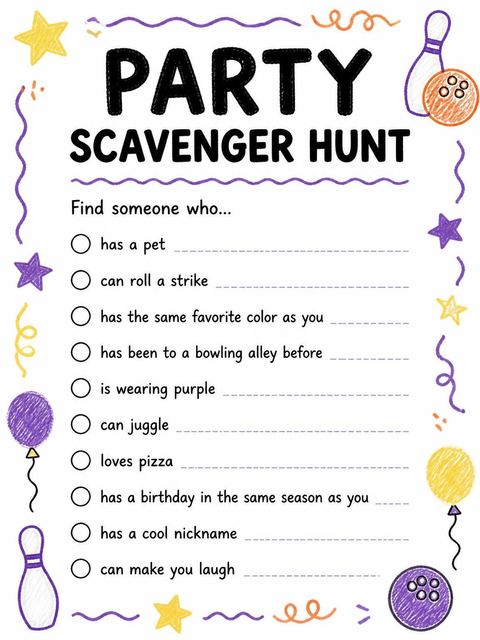 Scavenger hunt in the Crayon Bowling Themed 9th Birthday Invitation design