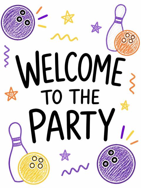 Welcome sign in the Crayon Bowling Themed 9th Birthday Invitation design