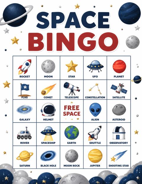 Bingo grid in the Space Cartoon Astronaut Kids Birthday design