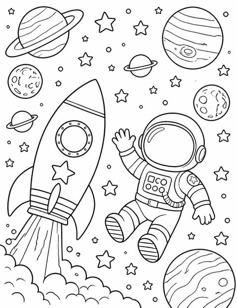 Coloring sheet in the Space Cartoon Astronaut Kids Birthday design