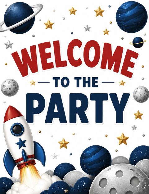 Welcome sign in the Space Cartoon Astronaut Kids Birthday design