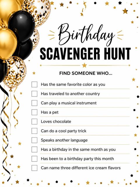 Scavenger hunt in the Gold and Black Balloon 1st Birthday design