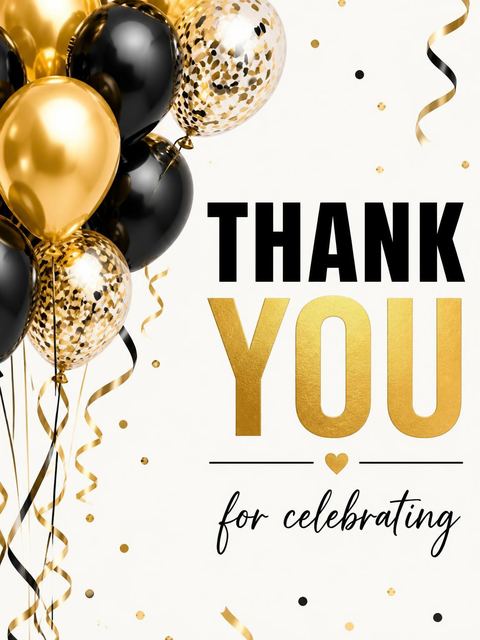 Thank-you flat in the Gold and Black Balloon 1st Birthday design