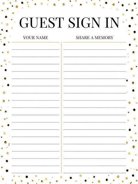 Guest sign-in sheet in the Gold Confetti Modern 30th Birthday design