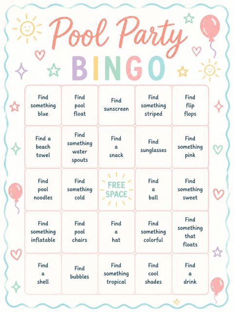 Bingo grid in the Pastel Doodle Pool Party 1st Birthday design
