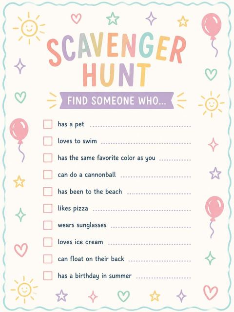 Scavenger hunt in the Pastel Doodle Pool Party 1st Birthday design