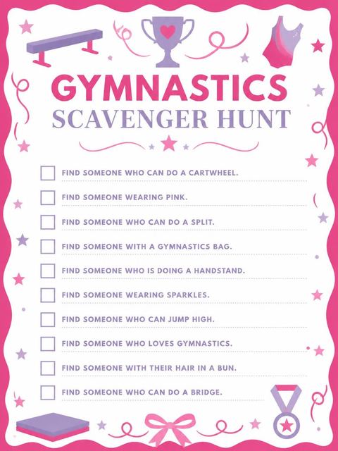 Scavenger hunt in the Hot Pink Lavender Gymnast 5th Birthday design