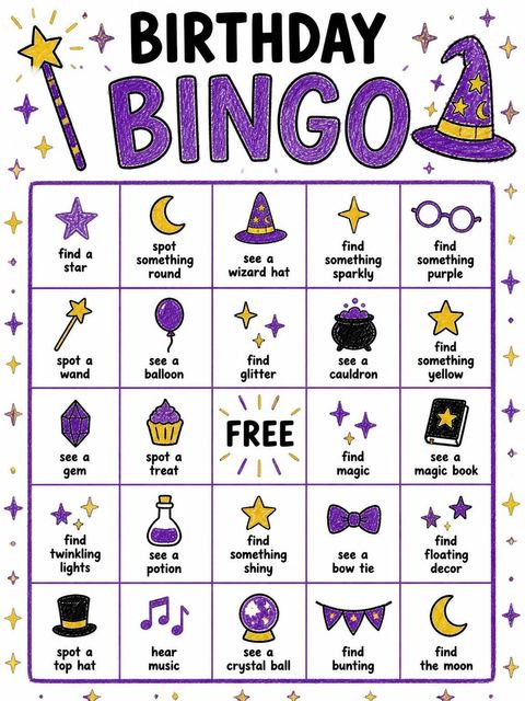 Bingo grid in the Crayon Wizard Hat 2nd Birthday Invitation design