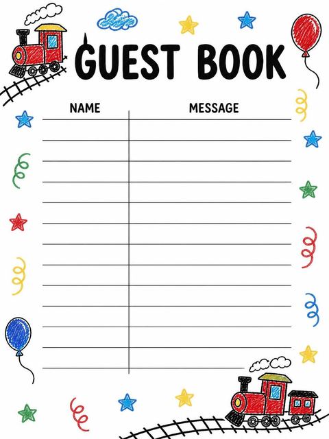 Guest sign-in sheet in the Crayon Train Motif 2nd Birthday Invitation design