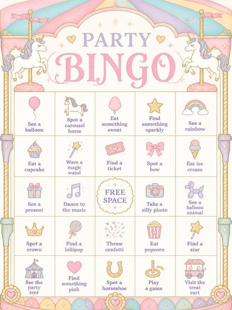 Bingo grid in the Pastel Carousel Unicorn 3rd Birthday Invitation design