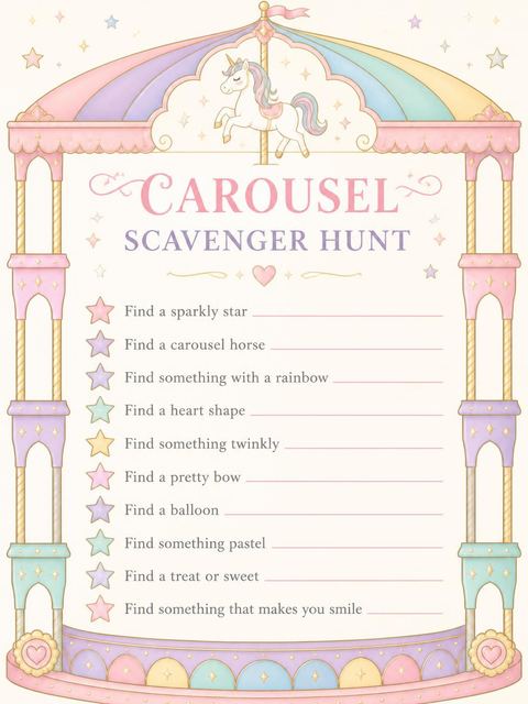 Scavenger hunt in the Pastel Carousel Unicorn 3rd Birthday Invitation design