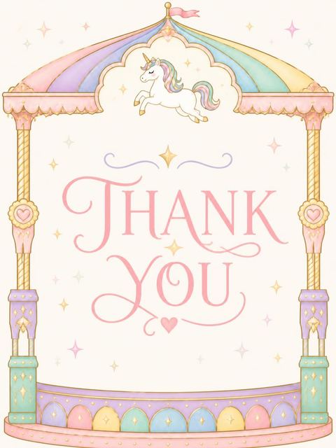 Thank-you flat in the Pastel Carousel Unicorn 3rd Birthday Invitation design