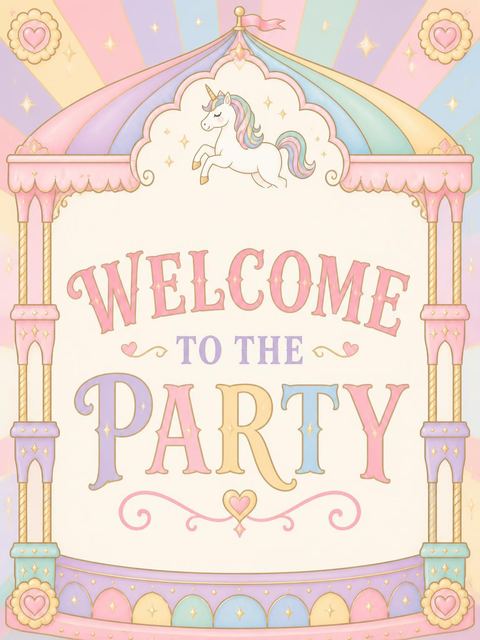 Welcome sign in the Pastel Carousel Unicorn 3rd Birthday Invitation design