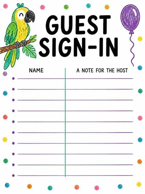 Guest sign-in sheet in the Crayon Parrot Illustrated 5th Birthday design