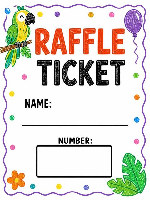Raffle ticket in the Crayon Parrot Illustrated 5th Birthday design