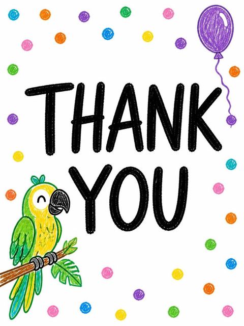 Thank-you flat in the Crayon Parrot Illustrated 5th Birthday design