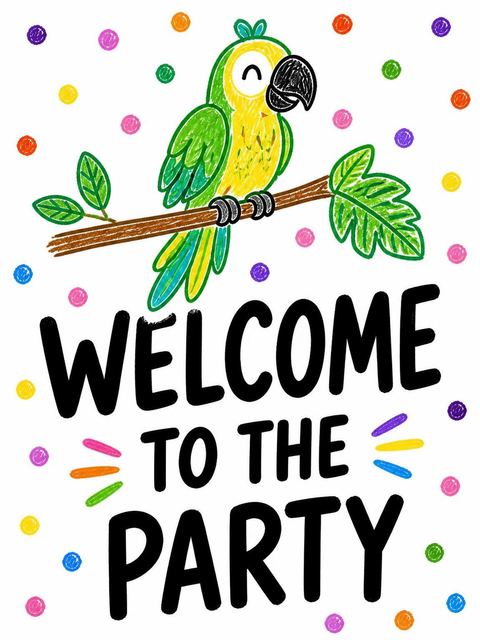 Welcome sign in the Crayon Parrot Illustrated 5th Birthday design