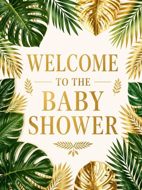 Welcome sign in the Gold Jungle Baby Shower Invitation design