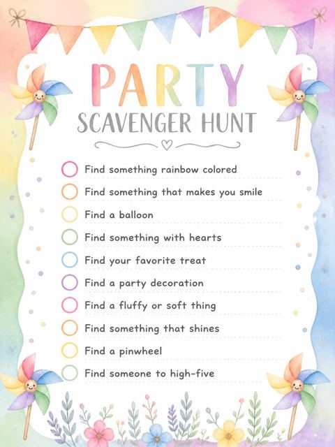 Scavenger hunt in the Pastel Rainbow Pinwheel 7th Birthday design