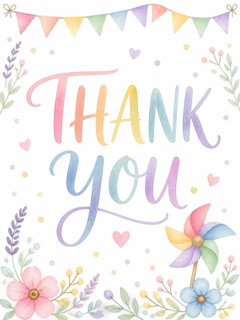 Thank-you flat in the Pastel Rainbow Pinwheel 7th Birthday design